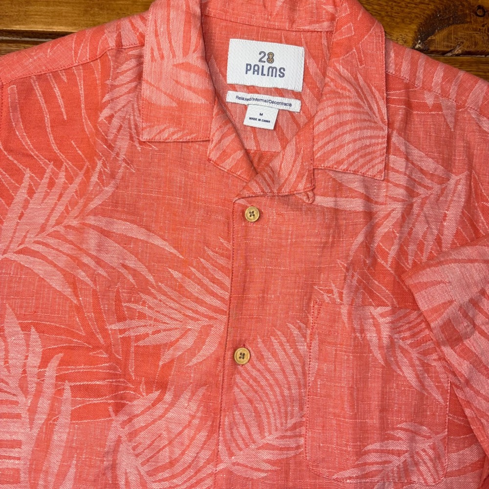 28 Palms Hawaiian Shirt Men Medium Coral Silk Linen Blend Palm Leaf Short Sleeve